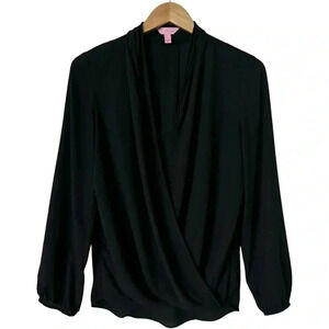 LILLY PULITZER | Black Myah Top | Long Sleeve Draped V-Neck Work Blouse | Small